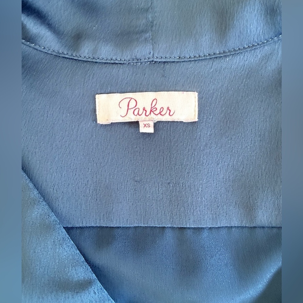 Parker Navy Blue Satin Mini Dress XS Tie Neck Long Sleeve Cascading Ruffle Hem - Picture 5 of 16